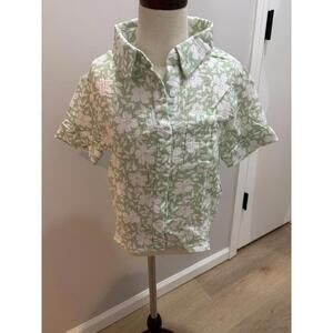 RSQ Girls Floral White And Light Green Camp Shirt Cotton Button Front Small NEW